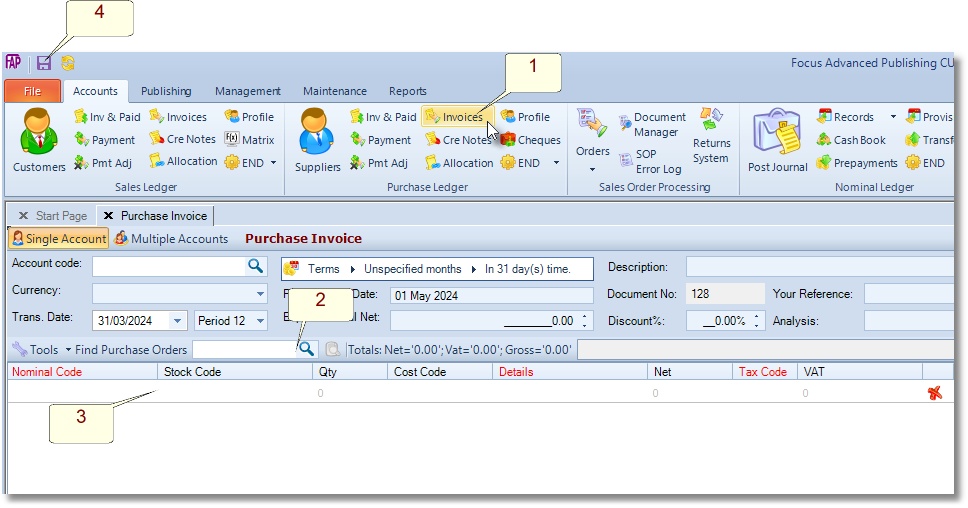 To Process a Supplier's Invoice from a pre-existing Purchase Order